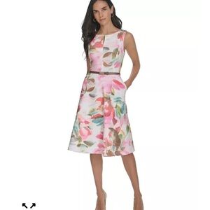 Calvin Klein Women's Floral Belted Jewel-Neck A-Line Dress